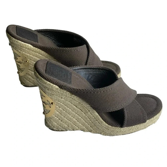 Tory Burch Chocolate Brown Crossover Kristen Espadrille Wedges/Gold Emblem sz 7 - Picture 3 of 8